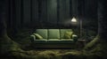 Green sofa and a lamp in the middle of a dark summer forest. Eerie trees in twilight, mysterious atmosphere. Generative AI