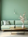 Green sofa in modern living room. Contemporary interior design of room with mint wall and coffee table. Home interior Royalty Free Stock Photo