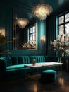 A green sofa sitting in a room next to a table in a stylish expensive restaurant with plants. AI generated