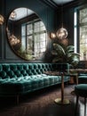 A green sofa sitting in a room next to a table in a stylish expensive restaurant with plants. AI generated