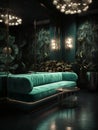 A green sofa sitting in a room next to a table in a stylish expensive restaurant with plants. AI generated