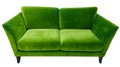 Green sofa. Soft velour fabric couch. Classic modern divan on isolated background