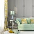 Green sofa yellow pillows