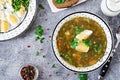 Green sorrel soup with eggs. Summer menu. Healthy food. Flat lay. Royalty Free Stock Photo