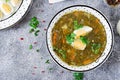 Green sorrel soup with eggs. Summer menu. Healthy food. Flat lay. Royalty Free Stock Photo