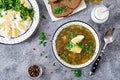 Green sorrel soup with eggs. Summer menu. Healthy food. Royalty Free Stock Photo