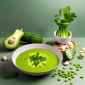 Green Soup. Broccoli Cream Soup with Parmesan and Microgreen. Healthy Vegan Dish. Cream Soup of Green Peas. Bowl With Delicious