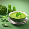 Green Soup. Broccoli Cream Soup with Parmesan and Microgreen. Healthy Vegan Dish. Cream Soup of Green Peas. Bowl With Delicious