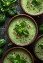 Green soup puree with spinach and basil in bowl on dark background top view Royalty Free Stock Photo