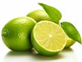 Green sour fresh limes on white background.Macro.AI generative