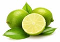 Green sour fresh limes on white background.Macro.AI generative