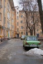 Green soviet vehicle Moskvitch-412 in the yard in Volgograd