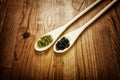 Soybeans and black beans in wooden spoons