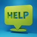 Green Speech bubble with text Help icon isolated on blue background. Minimalism concept. 3D render illustration Royalty Free Stock Photo