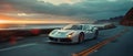 Green Speed: Eco Supercar Cruises Seaside Highway at Dusk. Concept Eco Supercar, Seaside Highway,