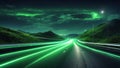 Green speed light trail on the road, renewable energy highway transportation concept