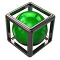 Green sphere in abstract silver cube