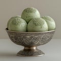 Green Spheres in Silver Bowl, Culinary Delight with Ornamental Design Royalty Free Stock Photo