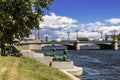 Green sphinxes at the pier on the river Malaya Nevka. Saint Petersburg