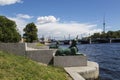 Green sphinxes at the pier on the river Malaya Nevka. Saint Petersburg,