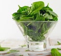 Green Spinach leaves in glass bowl. Royalty Free Stock Photo