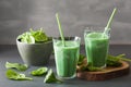 Green spinach smoothie with spirulina, chia seed, lime, apple Royalty Free Stock Photo