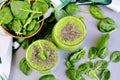 Green spinach smoothies with chia seeds, healthy food concept, detox Royalty Free Stock Photo
