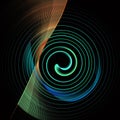 The green spiral is crossed by two rotating multi-colored planes. Graphic design element on black background.