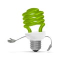 Green spiral light bulb character making inviting gesture