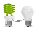 Green spiral light bulb character and white tungsten one handshaking Royalty Free Stock Photo