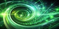 Green Spiral Network Abstract digital art with swirling neon green lines and glowing points, creating a sense of