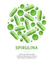 Green Spirulina Pills Concept Banner with Realistic Detailed 3d Elements. Vector