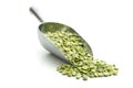 Green split peas in metal scoop. Royalty Free Stock Photo