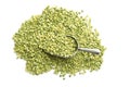 Green split peas in metal scoop. Royalty Free Stock Photo