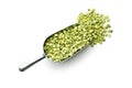 Green split peas in metal scoop. Royalty Free Stock Photo