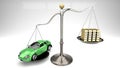 Green sports car on a scale against a stack of gold bars symbolizes expensive shopping, overpaying for goods, rip off, luxury