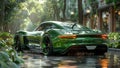 Green sports car with wet tires parked on forest road Royalty Free Stock Photo