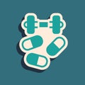 Green Sports doping, anabolic drugs with dumbbell icon isolated on green background. Anabolic steroids tablet. Pills in Royalty Free Stock Photo