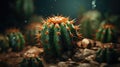 Green spotted cactus with red spines grows on rocks. Cactus close up. Echinocactus or Hedgehog cactus, a spherical Royalty Free Stock Photo