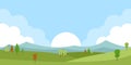 Green spring countryside landscape with trees, sun, blue sky and mountains vector illustration. Royalty Free Stock Photo