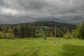 Green spring meadow near Bedrichov village in Jizerske mountains Royalty Free Stock Photo