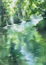 Green spring river in the forest watercolor background Royalty Free Stock Photo