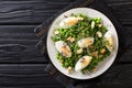 Green spring salad made from peas, micro greens, nuts and eggs close-up on a plate. horizontal top view Royalty Free Stock Photo