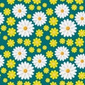Green spring seamless pattern with light flowers: white camomile and yellow buttercup isolated on dark blue background
