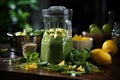 Green spring smoothie in a glass mug and slices of lemon and mint on the table. Royalty Free Stock Photo