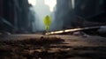 A green sprout against a blurred cityscape. A small plant growing against the background of buildings or factories Royalty Free Stock Photo