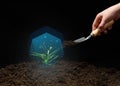 Green sprout in a blue vacuum and a female hand with a shovel of earth on a black background. Environmental protection concept Royalty Free Stock Photo