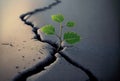 A green sprout growing from a crack in an asphalt road. Created with Generative AI Royalty Free Stock Photo