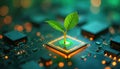 Green sprout grows from central computer chip on circuit board. Electronic components and glowing lights create abstract Royalty Free Stock Photo