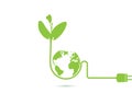 Green sprout seedling around globe with electrical plug, environmental concept Royalty Free Stock Photo